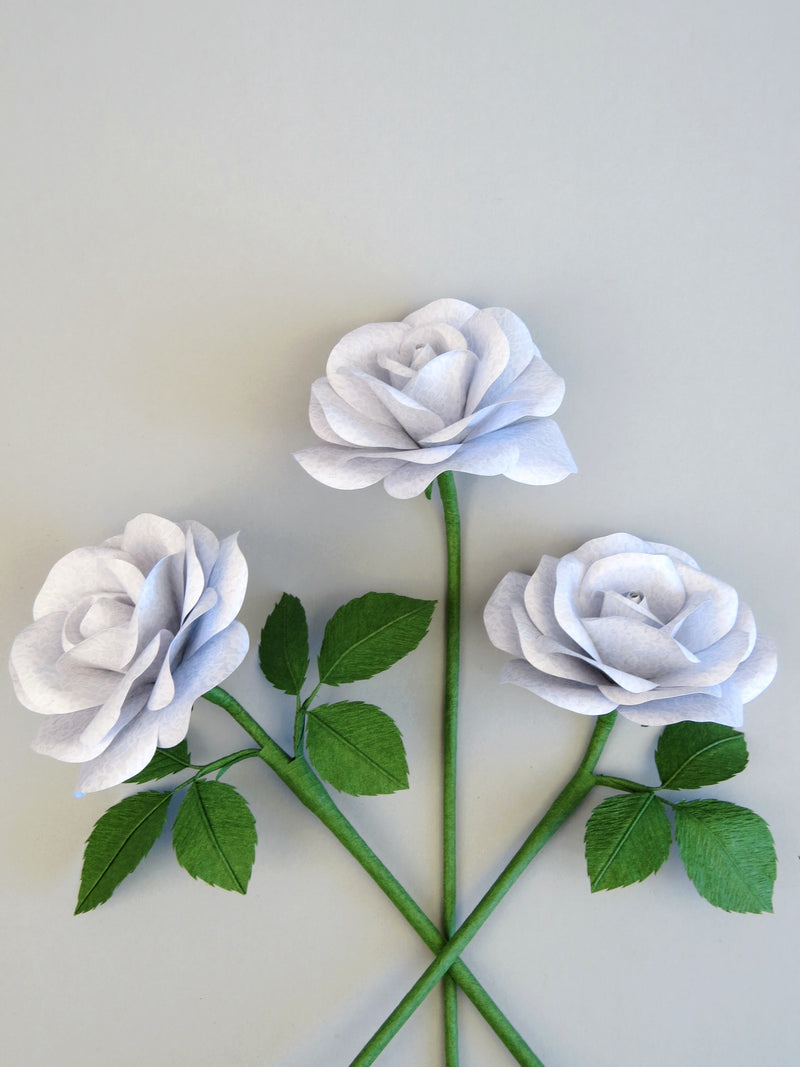 Three white lace printed paper roses randomly lying next to each other on a light grey background. The left rose has six ivy green leaves attached, the middle rose has no leaves and the right rose has three ivy green leaves.