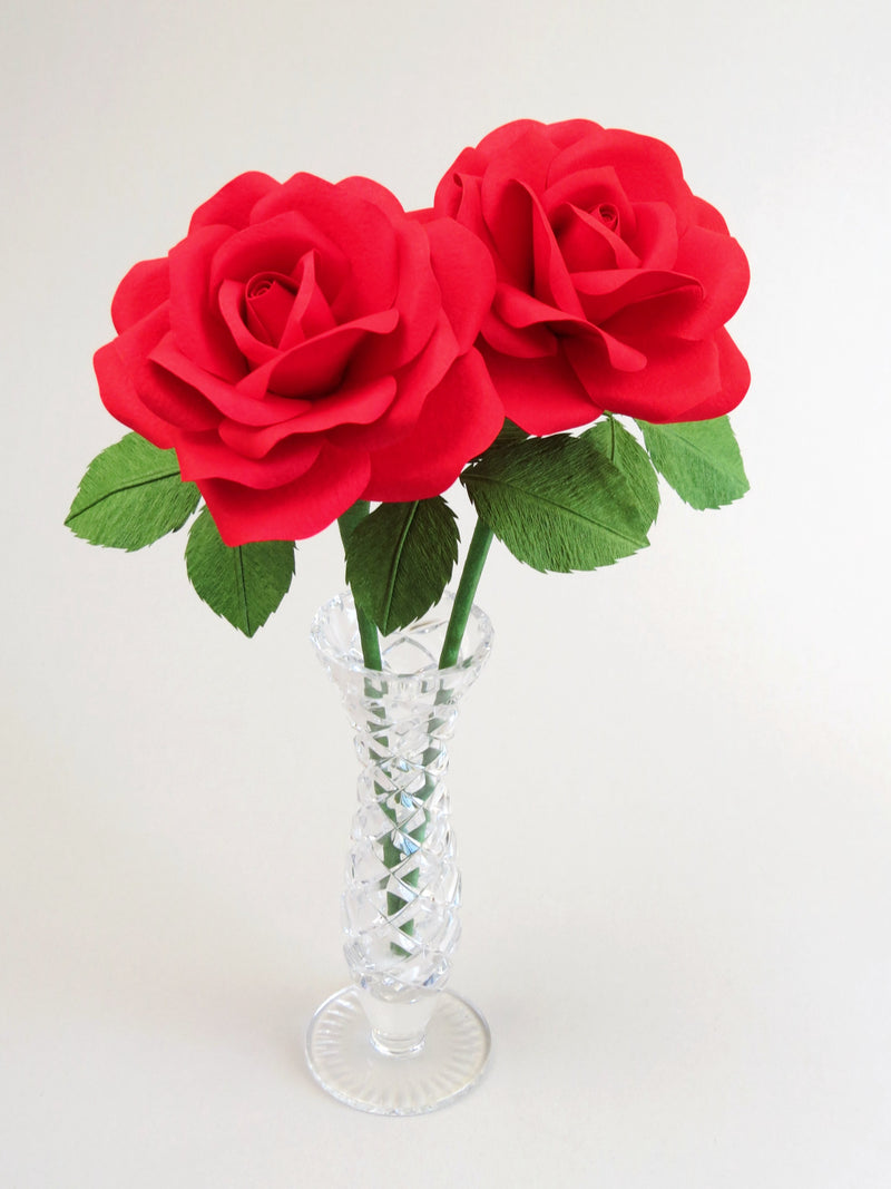Bouquet of two red cotton paper roses with three leaves standing in a narrow glass vase against a white backdrop