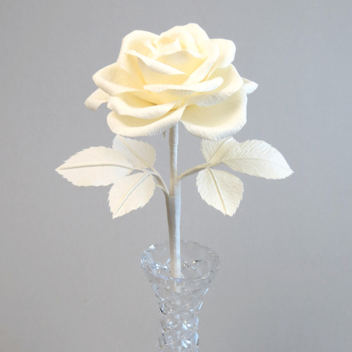 Ivory rose standing upright in crystal vase with 3 ivory leaves emerging from the stem either side of the rose