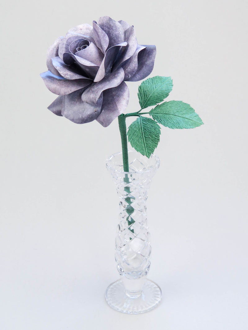 Grey iron paper rose with three forest green leaves standing in a narrow glass vase against a light grey backdrop