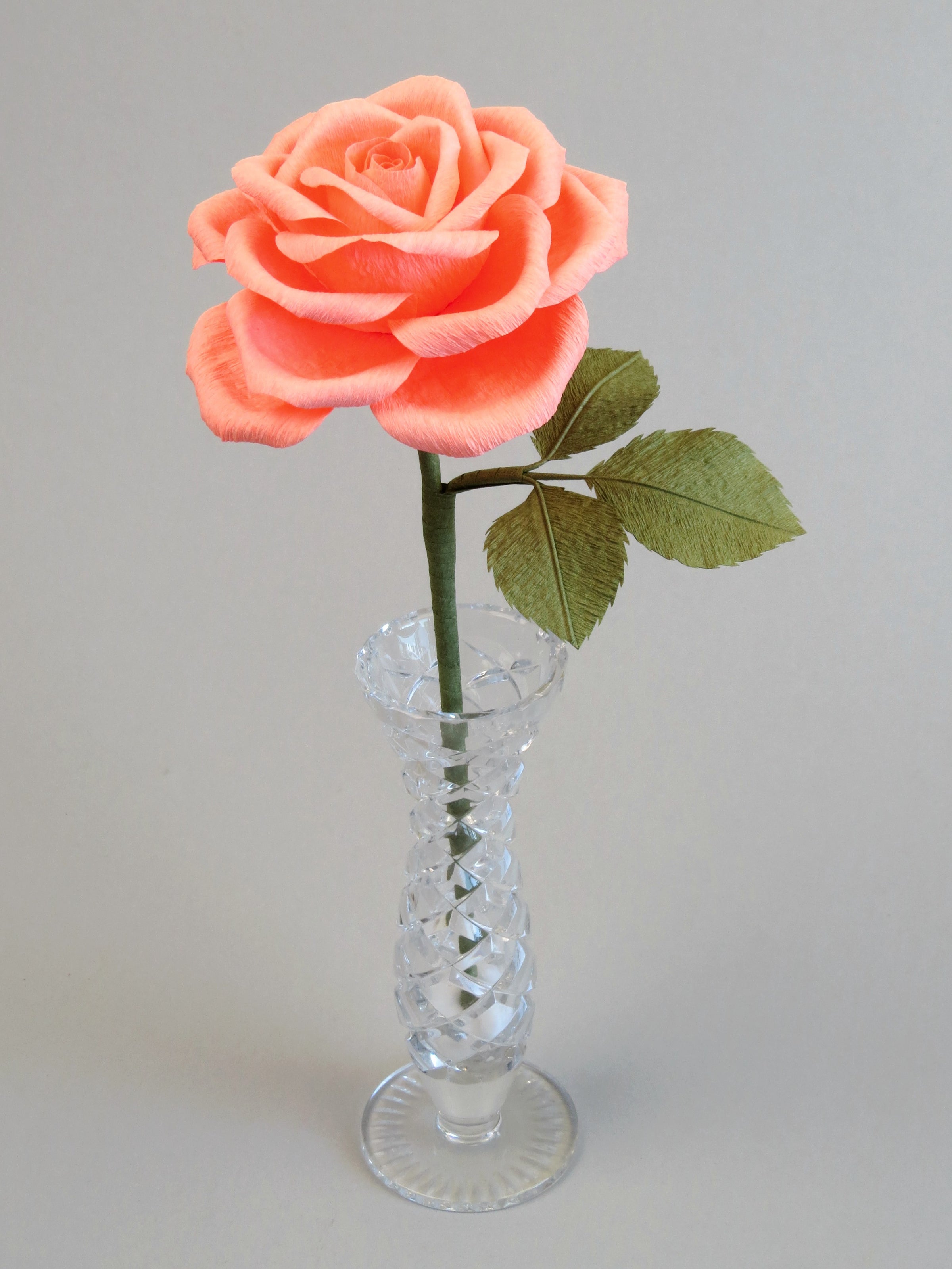 Coral pink crepe paper rose with three olive green leaves standing in a narrow glass vase against a light grey backdrop