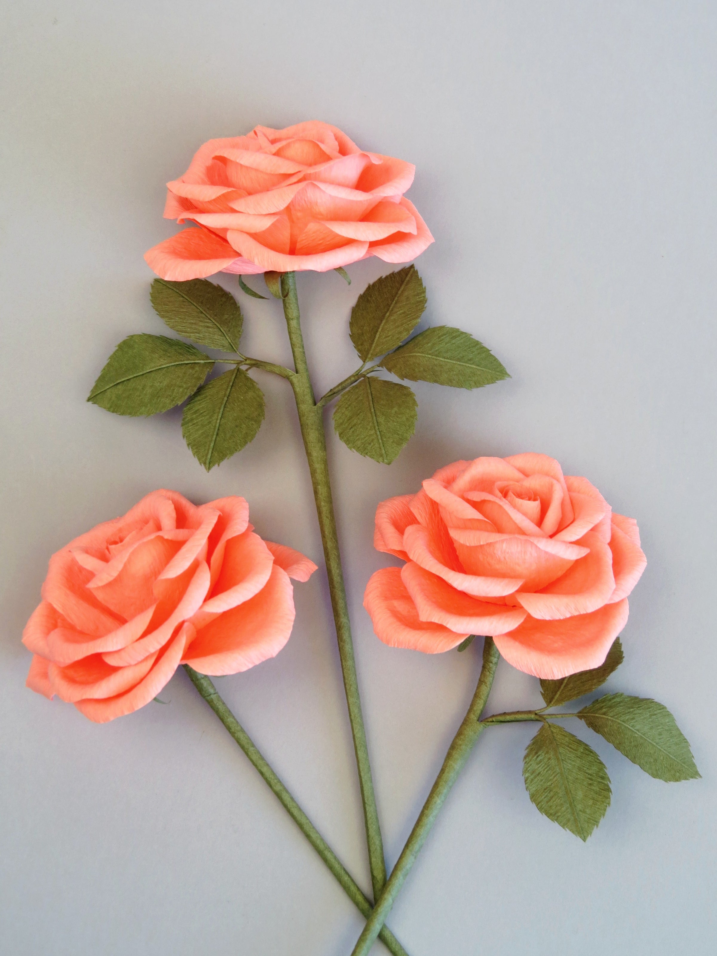 Three coral pink crepe paper roses randomly lying next to each other on a light grey background. The left rose is leafless, the middle rose has six olive green leaves attached and the right rose has three olive green leaves.