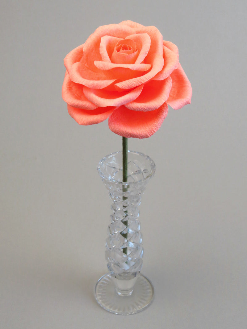 Leafless coral pink crepe paper rose standing in a slender glass vase