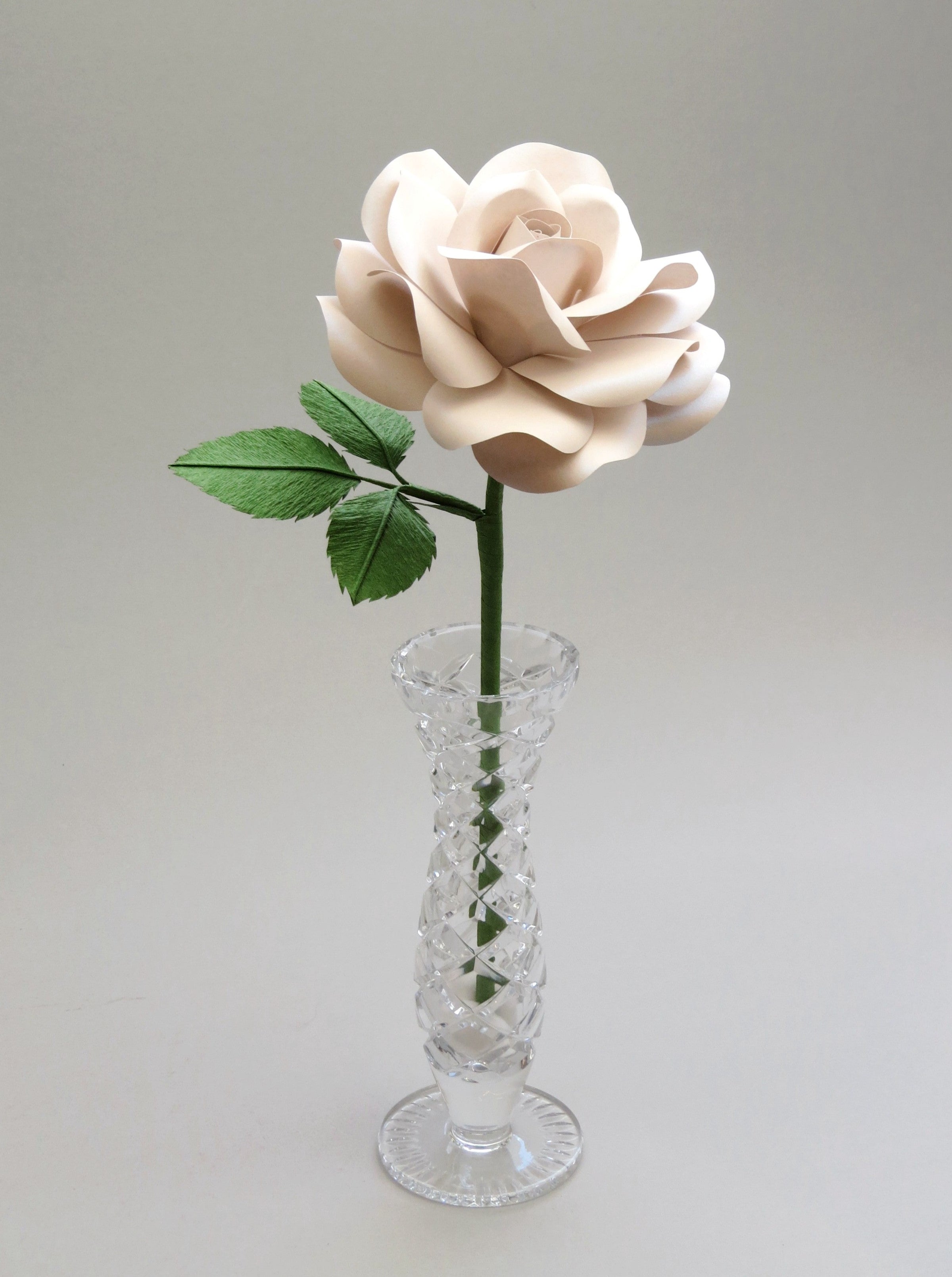 Pearl paper rose with three ivy green crepe paper leaves standing in a narrow glass vase against a light grey backdrop