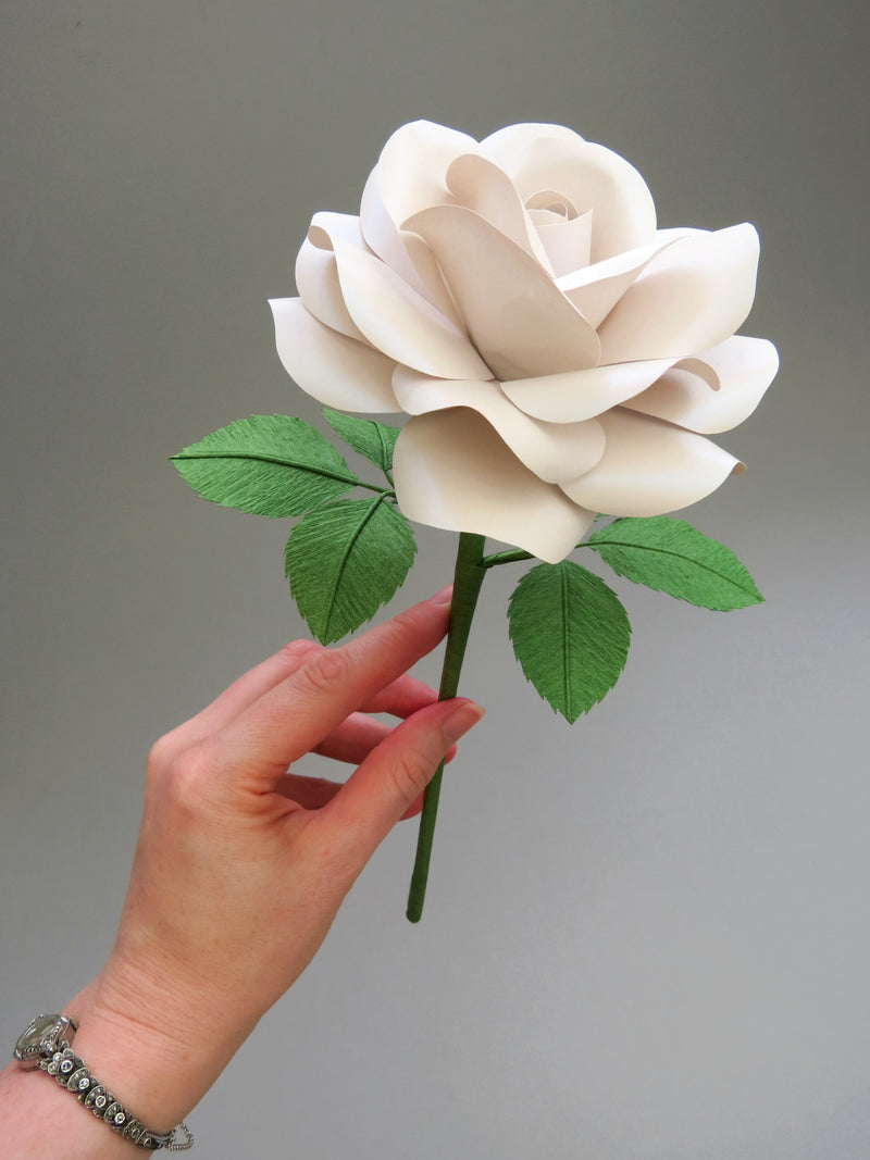 Pale white hand delicately holding the stem of a pearl paper rose with six ivy green leaves