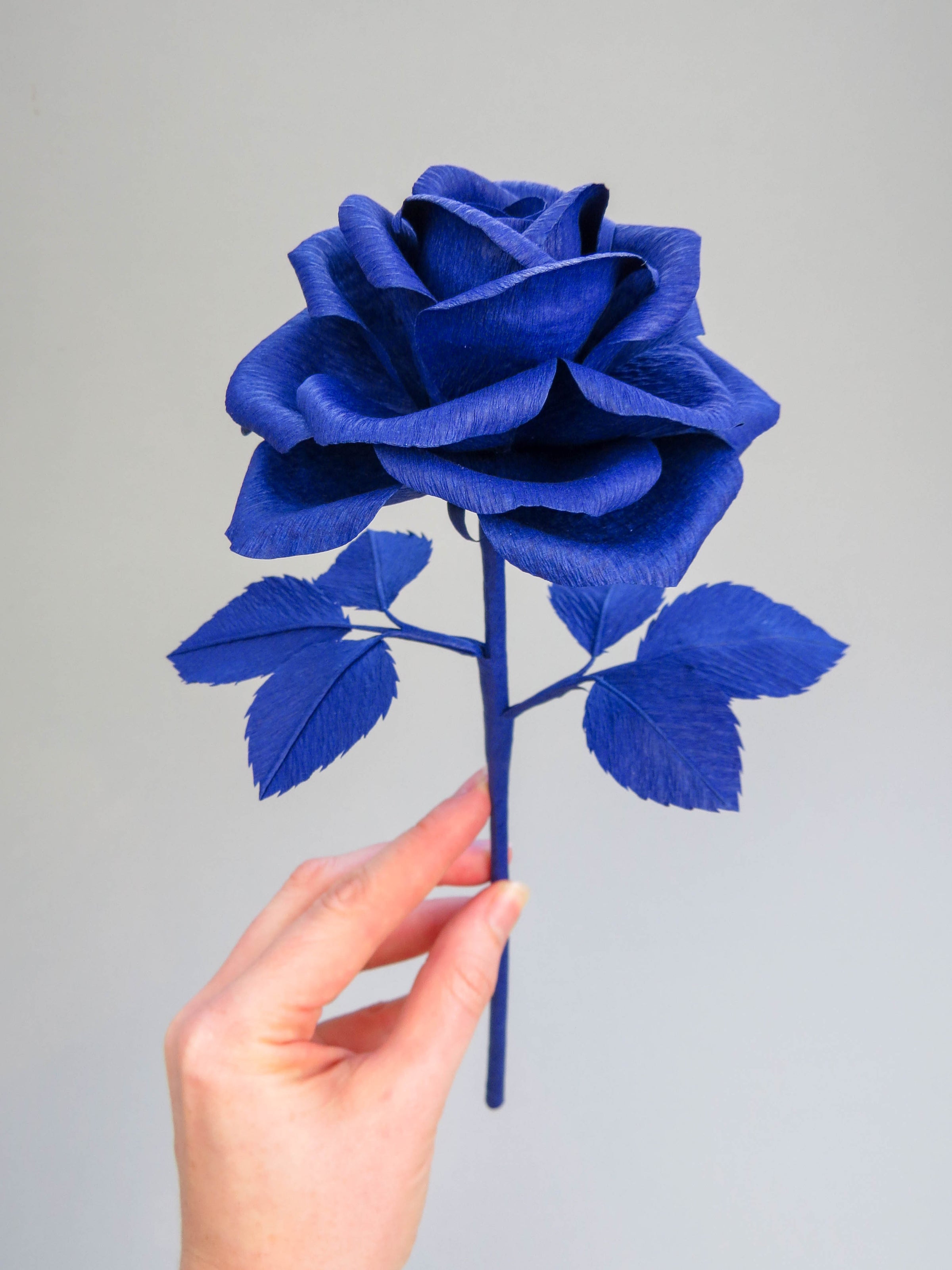 Pale white hand delicately holding the stem of a sapphire blue paper rose with six sapphire blue leaves