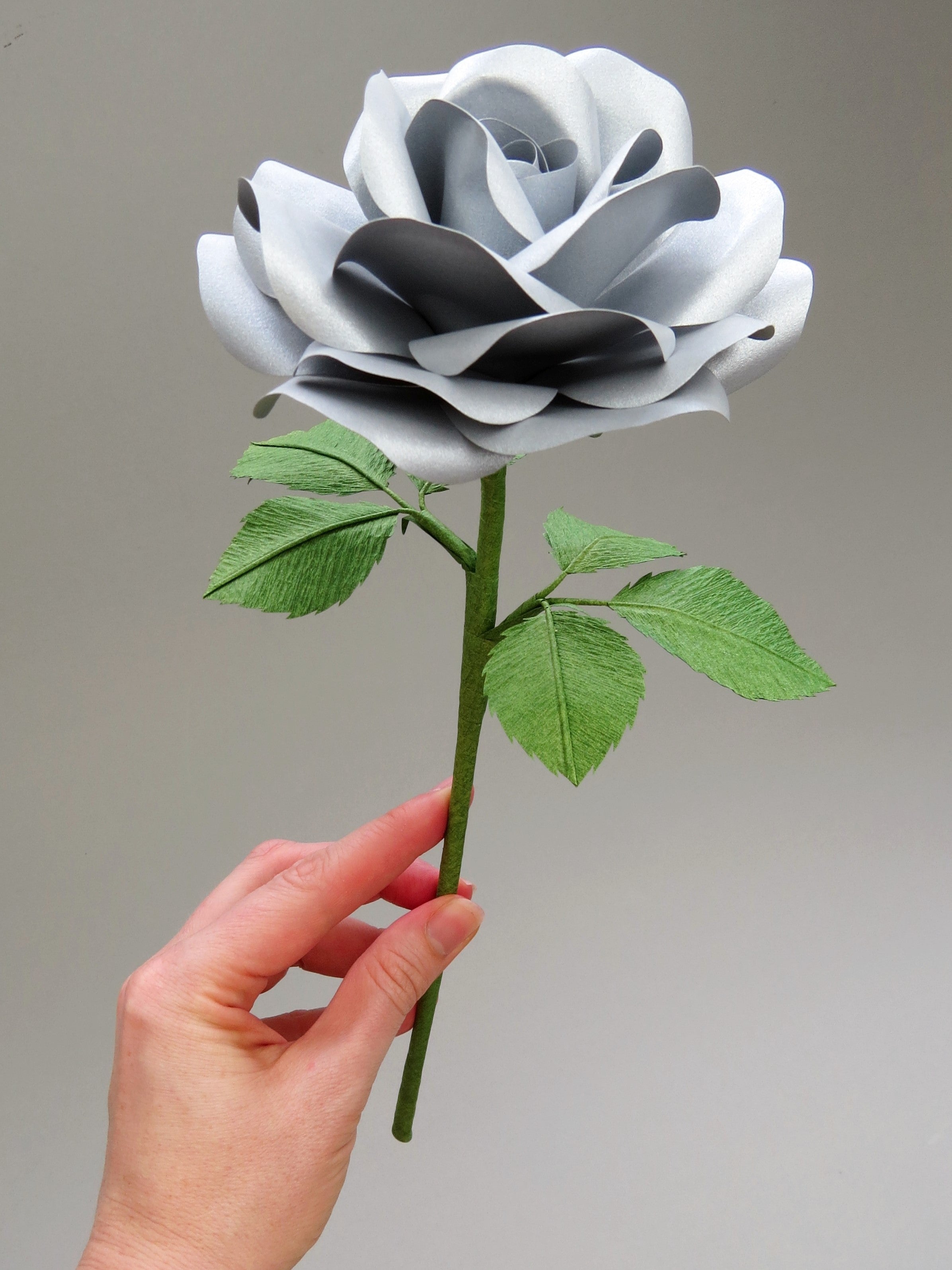 platinum wedding and engagement ring delicately placed on top of each other nearby Pale white hand delicately holding the stem of a steel paper rose with six ivy green leaves