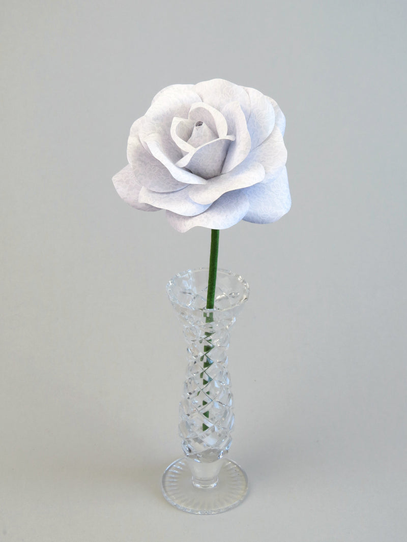 Leafless white lace printed paper rose standing in a slender glass vase