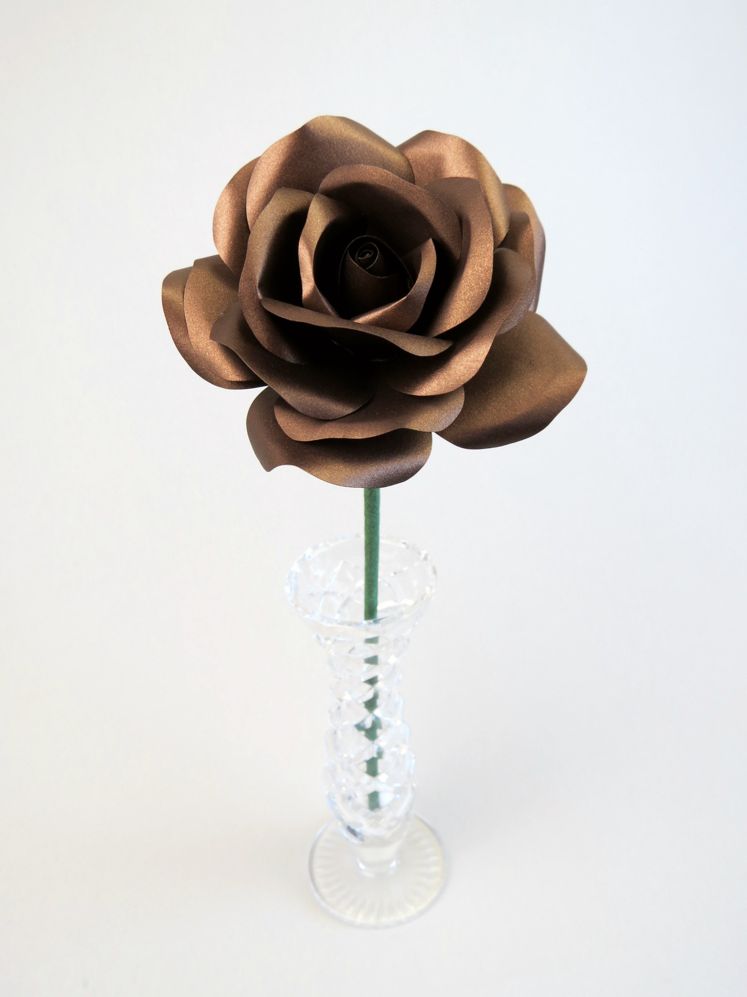 Leafless bronze paper rose standing in a slender glass vase
