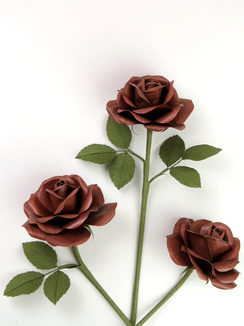 Three dark wood grain paper roses randomly lying next to each other on a white background. The left rose has three green leaves attached, the middle rose has six leaves and the right rose has no leaves.