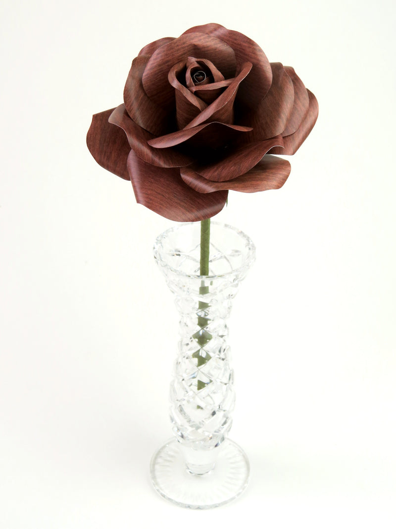Leafless dark wood grain paper rose standing in a slender glass vase