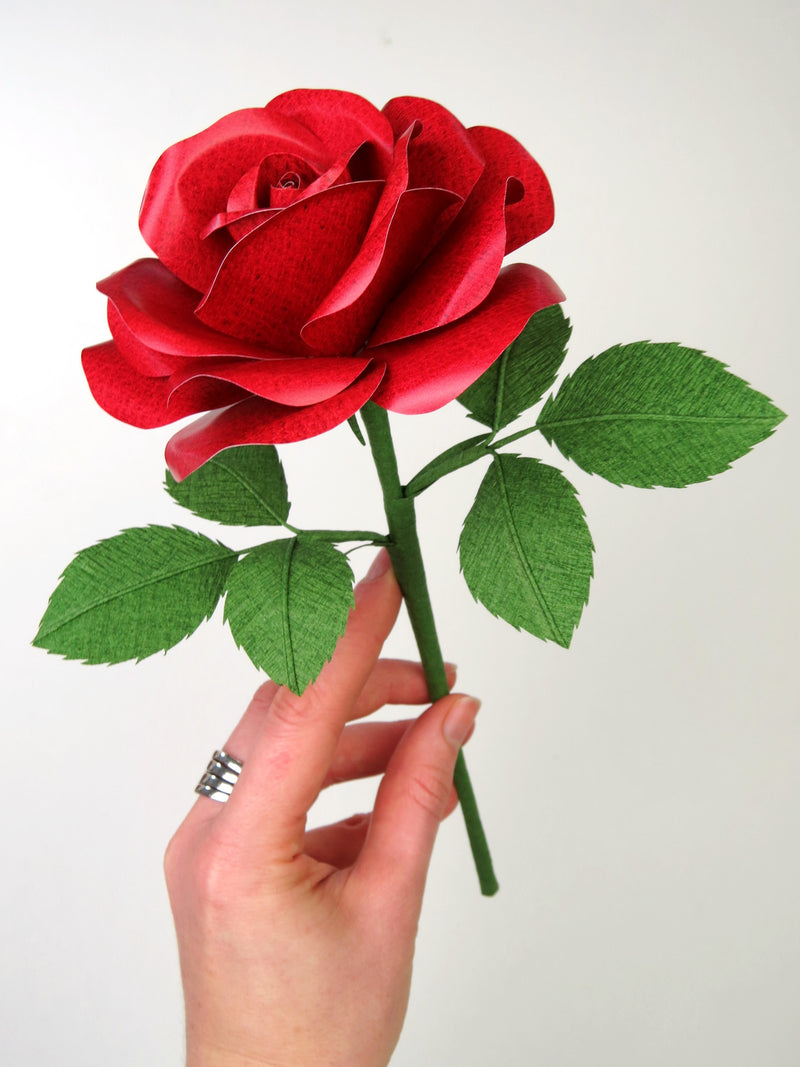 Pale white hand delicately holding the stem of a red leather grain paper rose with six leaves on an angle