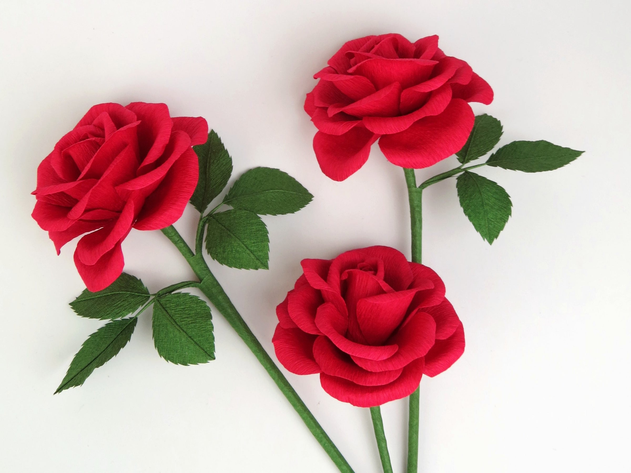 Three red paper roses randomly lying next to each other on a white background. The left rose has six green leaves attached, the middle rose has no leaves and the right rose has three leaves.