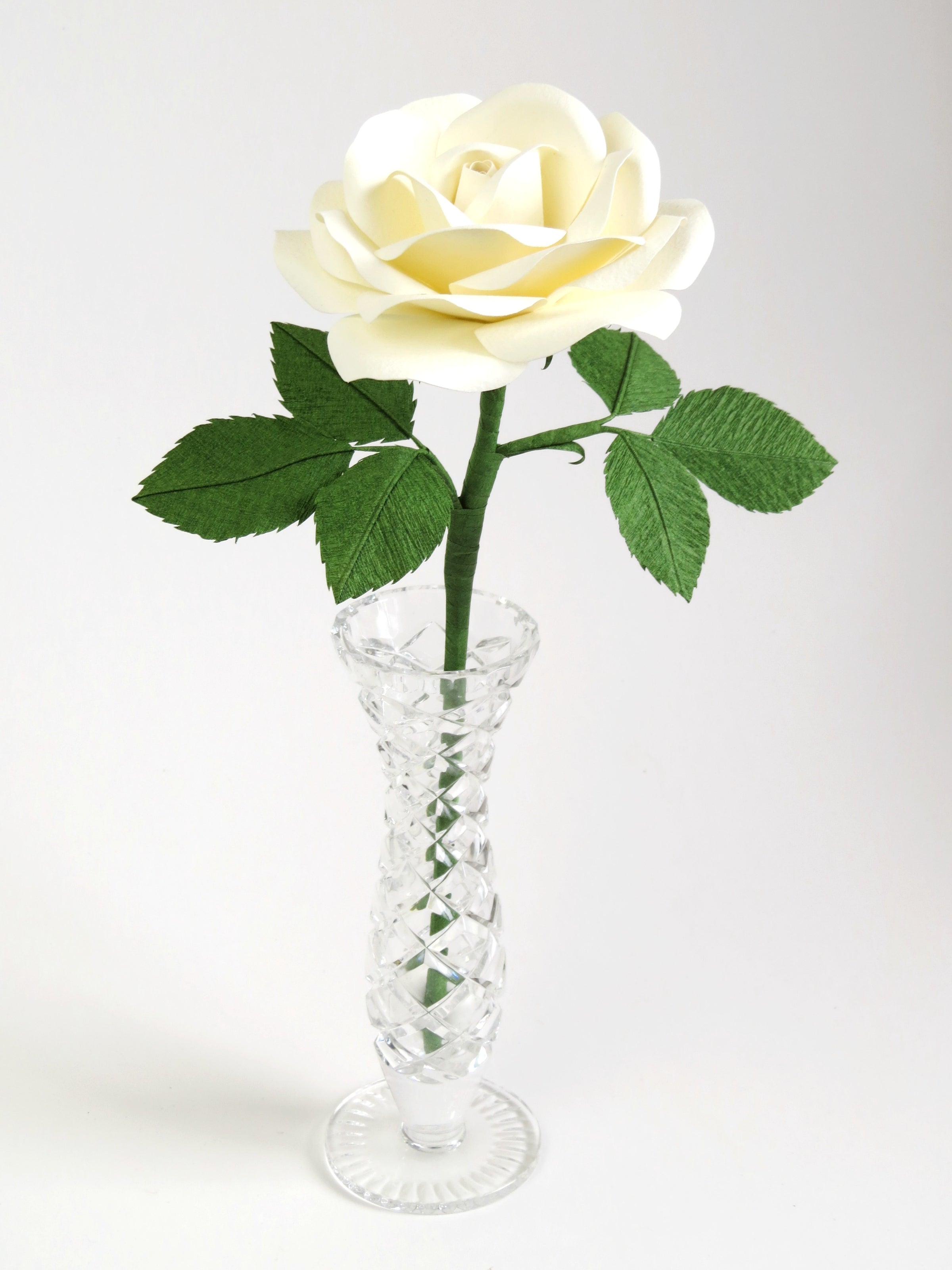 White cotton paper rose with six green leaves standing in a narrow glass vase against a light grey background