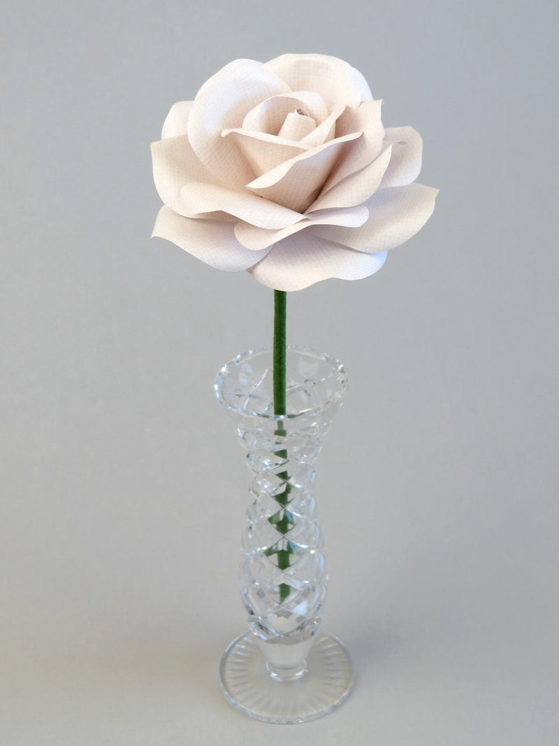 Leafless white linen grain paper rose standing in a slender glass vase
