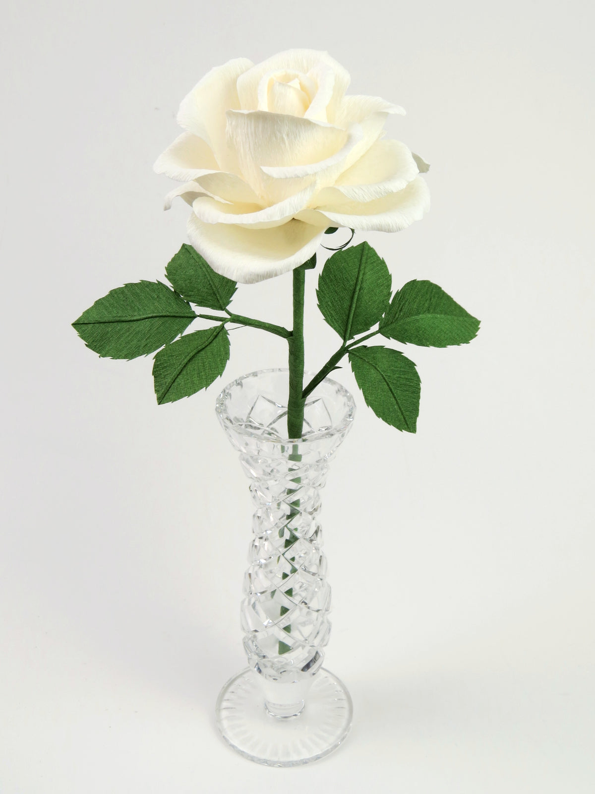 White paper rose with six leaves standing in a narrow glass vase against a light grey background