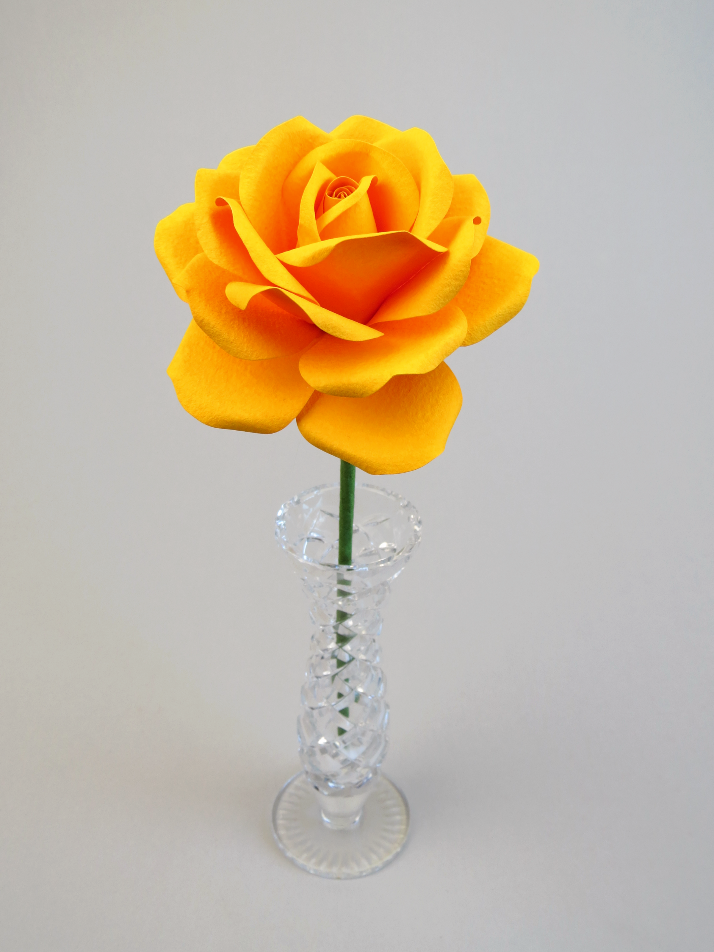 Leafless yellow cotton paper rose standing in a slender glass vase