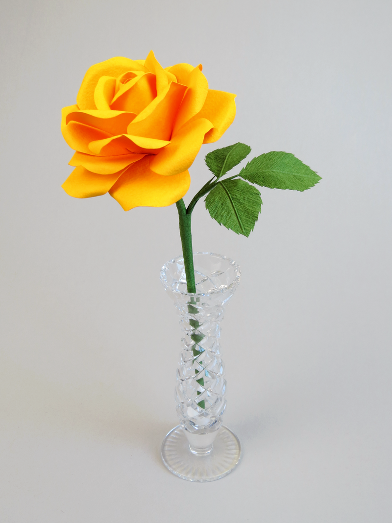 Yellow cotton paper rose with three green leaves standing in a narrow glass vase against a light grey backdrop