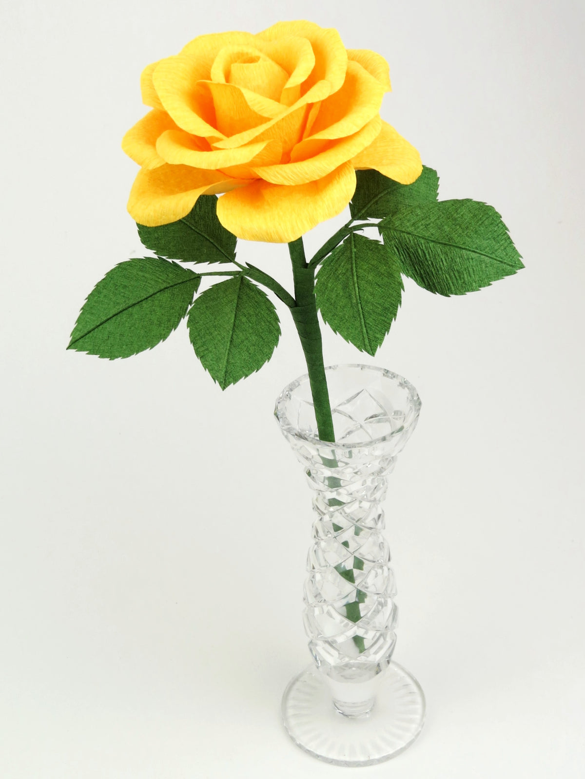 Yellow paper rose with six leaves standing in a narrow glass vase against a white background