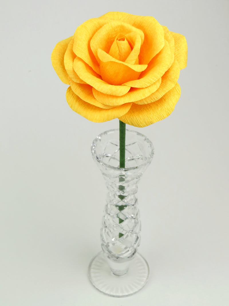 Leafless yellow paper rose standing in a slender glass vase